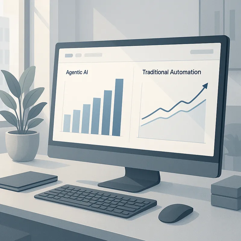 A professional, high detail illustration of a financial dashboard showing comparative cost charts for two approaches labeled agentic AI and traditional automation. The scene is a clean office environment viewed from an angle, cool neutral color palette, soft natural light, realistic style, no text or logos, modern flat UI elements, clear bar charts and line charts, focus on clarity and data visualization