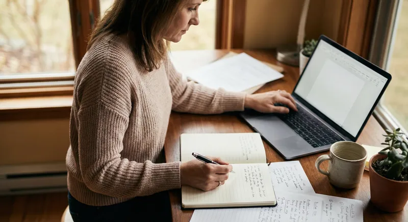Professional writing at a desk with a laptop and notebook