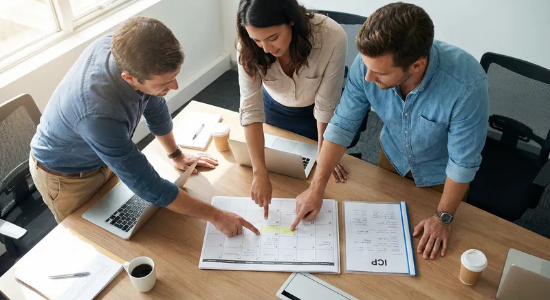 Team reviewing a content calendar and ICP sheet at a meeting table