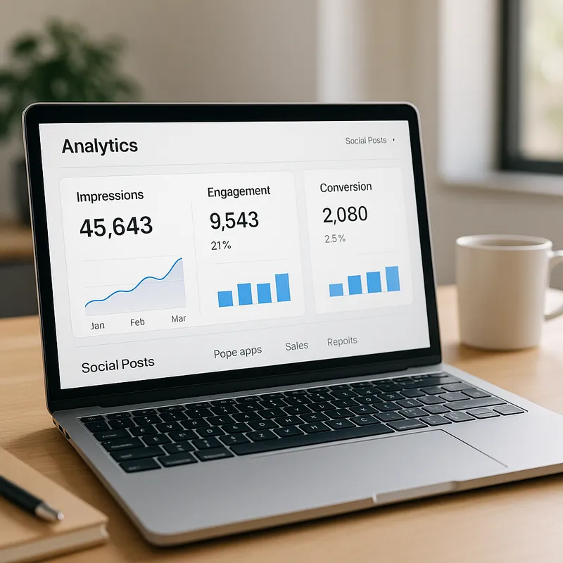 A clean analytics dashboard on a laptop screen showing impressions, engagement, and conversion metrics for social posts, soft natural lighting, modern workspace background with coffee cup and notebook, close-up perspective, photo-realistic style, focused and clear mood