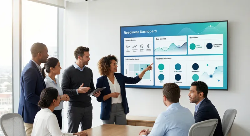 Assessment team reviewing readiness dashboard on a large screen in a modern conference room, with charts and system scores visible