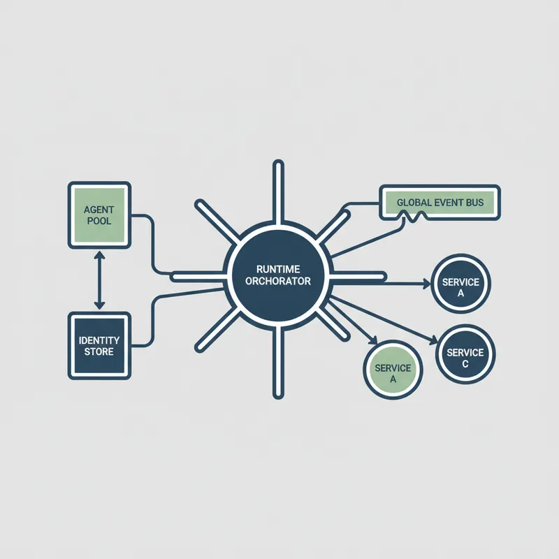 Workflow orchestration diagram showing orchestration runtime, agents, data stores, and integrations