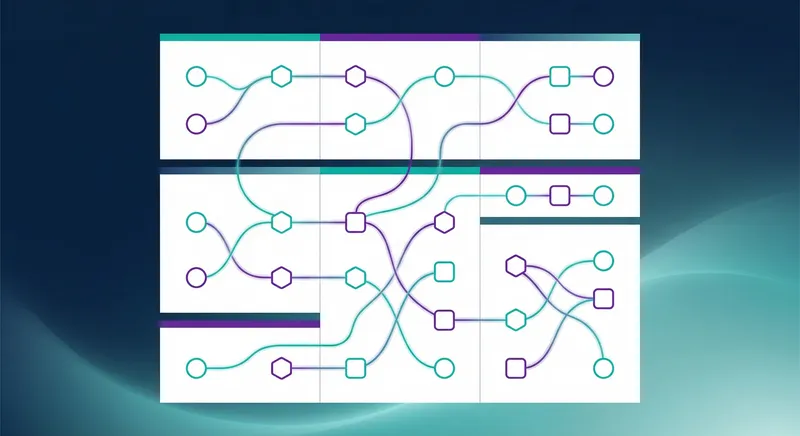 Abstract network diagram showing modular connected nodes in teal and purple, with flowing lines representing data movement between components, clean minimalist style with ample white space