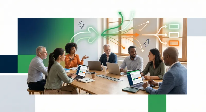 Diverse professionals collaborating around a table with digital elements representing story structure and narrative flow