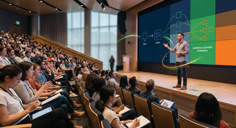 Professional presenting insights to engaged audience in modern conference setting