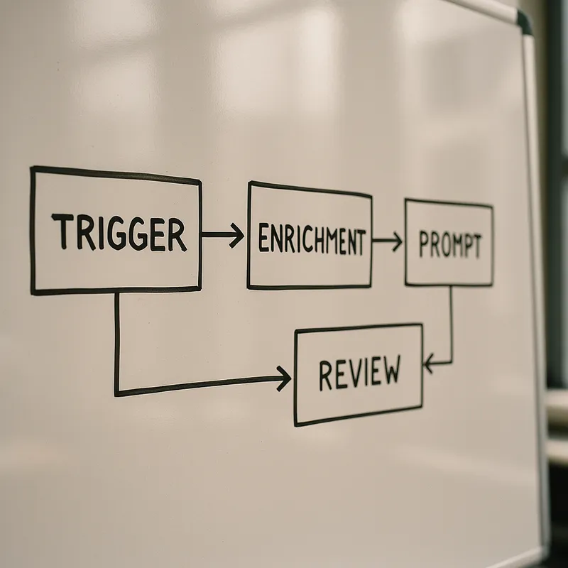 A close up photograph of a whiteboard filled with a clear workflow diagram showing boxes and arrows representing triggers, enrichment, prompt generation and review stages, office environment, high contrast, natural shadows, documentary photograph style, focused composition