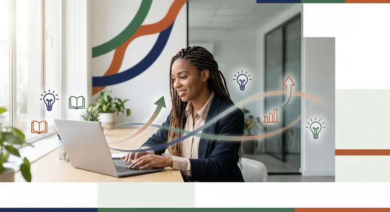 Professional working at laptop with digital learning interface, surrounded by flowing knowledge symbols and light bulbs representing continuous learning and expertise development