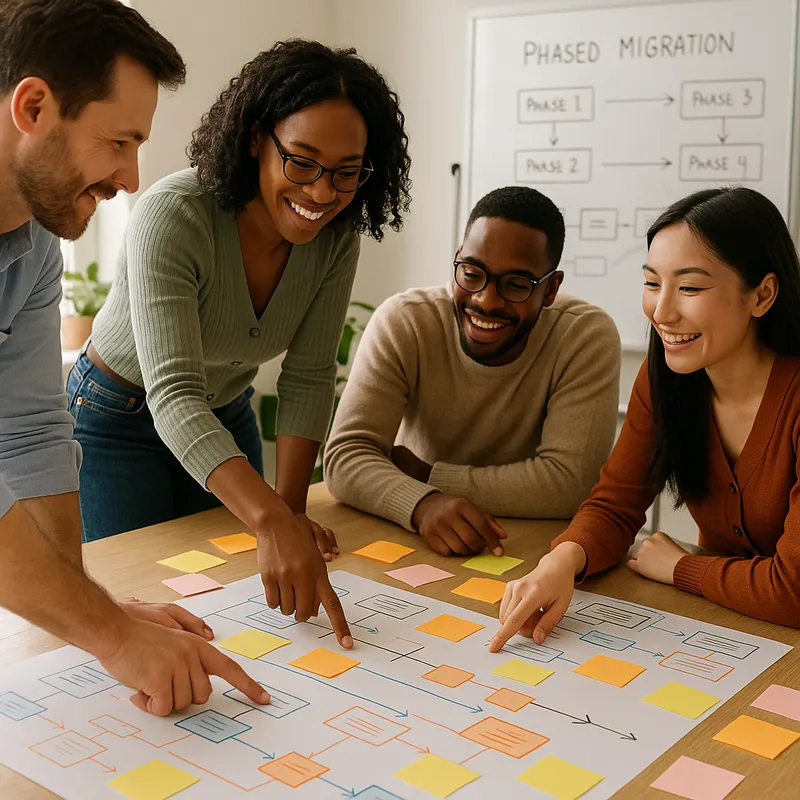 cross functional team gathered around a table covered with flowcharts and sticky notes, with a whiteboard in the background showing phased migration steps. Composition focuses on hands pointing to a timeline, with diverse team members contributing. Mood is collaborative and optimistic, lighting is bright and natural, no text or logos