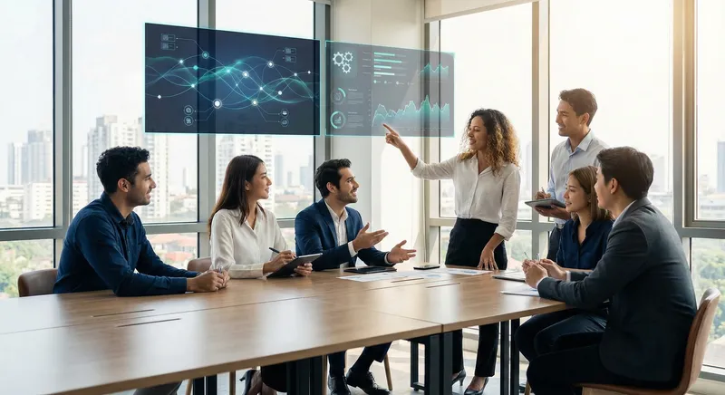 Diverse team collaborating around a modern conference table with digital interfaces displayed, showing engaged discussion and alignment