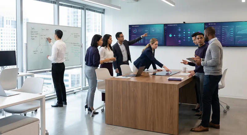 Diverse team of professionals collaborating around a digital interface showing real-time metrics and dashboards