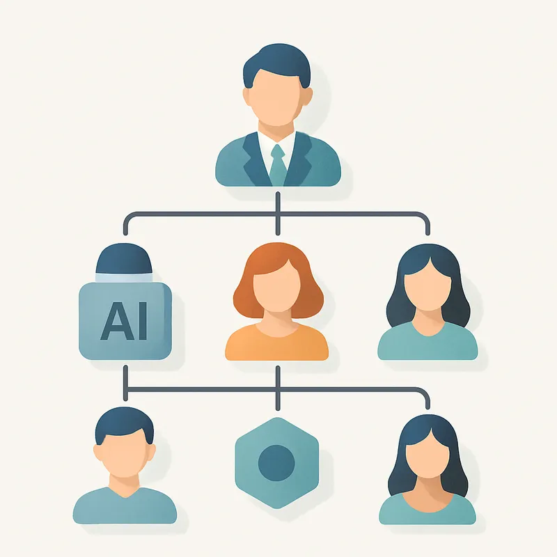 Stylized illustration of a company org chart displayed on a clean white background. Human roles are represented by soft rounded icons and AI agents by distinct geometric icons connected by lines that indicate workflow. The composition is centered with balanced negative space, cool muted color palette, flat illustration style, soft shadows, no text or logos