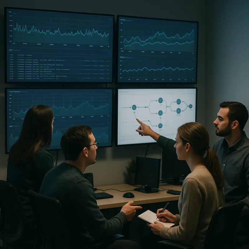 Photo style image of a small operations team in a modern control room watching multiple dashboards on large displays. Composition centers on a monitoring wall showing graphs, logs, and traffic flow diagrams, with a person pointing to a panel while colleagues take notes. Mood is focused and calm, lighting is soft and practical, style is documentary photo, no text or logos visible on screens.
