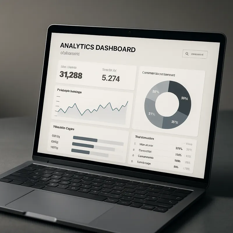 A modern analytics dashboard on a laptop screen showing charts and usage metrics for templates, clean UI, neutral colors, studio lighting, high detail, photo realistic style, medium shot composition