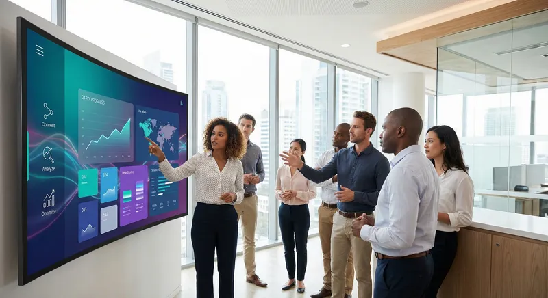 Professional team reviewing automation ROI metrics on large display