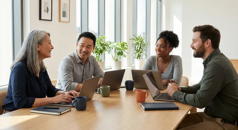 Diverse group of professionals collaborating around a conference table with laptops and notebooks, engaged in genuine discussion, modern office setting with natural light, warm atmosphere, diverse team composition