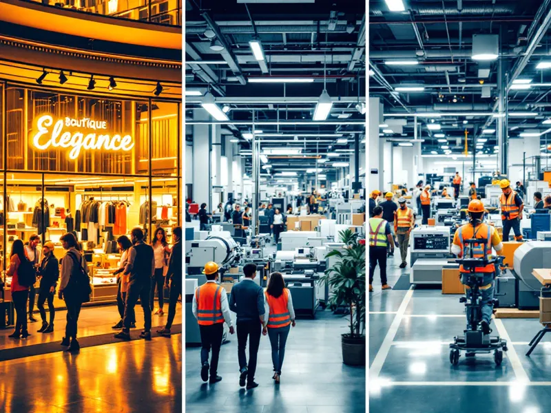 A dynamic collage of 3 images representing real world retail, manufacturing, and service sectors