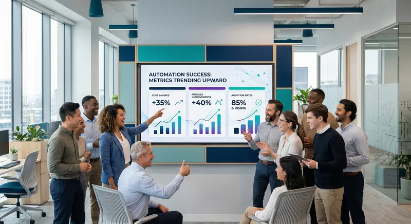 Diverse team celebrating a successful automation milestone with visible metrics and dashboards