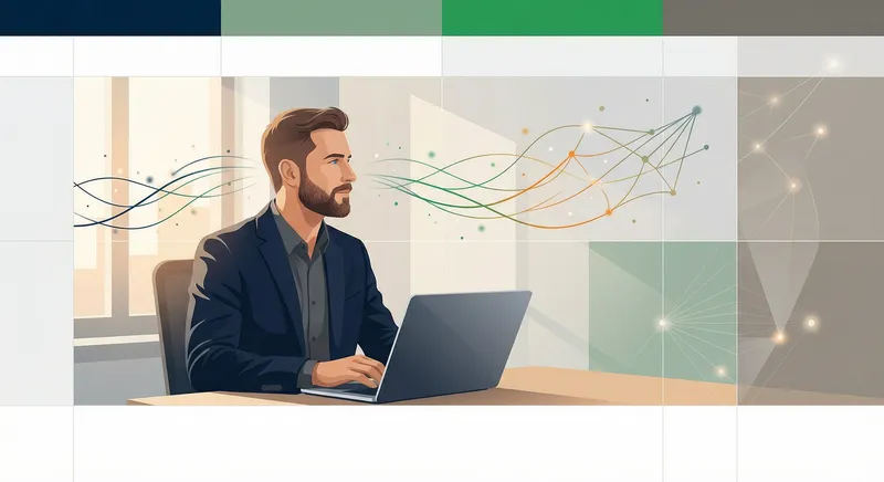 Professional in modern office reflecting on laptop screen with warm lighting and abstract thought visualization