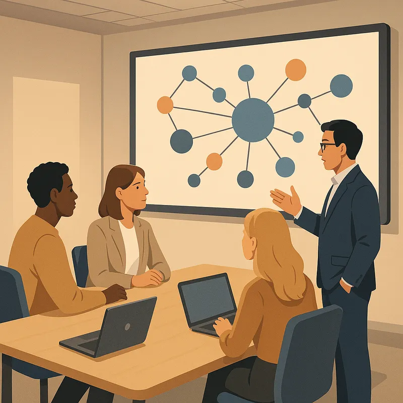 A high resolution illustration of a diverse team gathered around a large digital market map projected on a conference room wall, showing nodes and connections representing agentic AI platforms, warm neutral lighting, modern office setting, isometric composition, soft shadows, clean vector illustration style, no text or logos