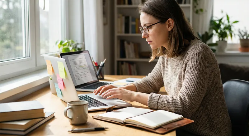 Professional writer editing AI draft on laptop