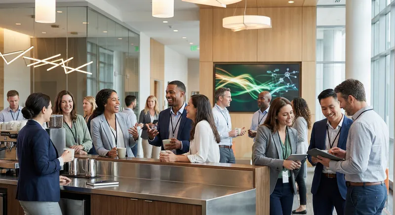 Professional networking event scene showing diverse professionals in business casual attire having conversations near a coffee station, with warm lighting and a modern conference venue setting