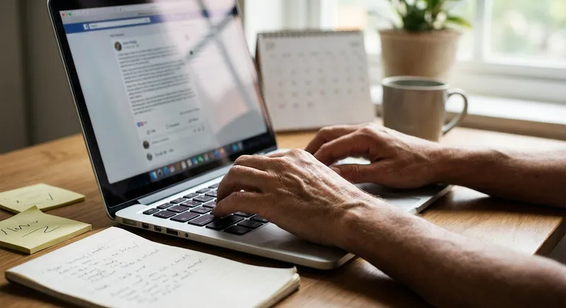 Close up of a professional writing a LinkedIn style post on laptop with notes and a calendar nearby