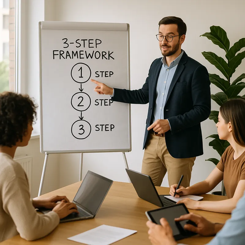 An interior photo of a professional presenting a simple three-step framework on a whiteboard to a small, engaged group in a bright conference room. The presenter points to the board while attendees take notes on laptops and tablets. Natural window light, clean modern office decor, warm and focused atmosphere. Photo style, documentary, medium depth of field