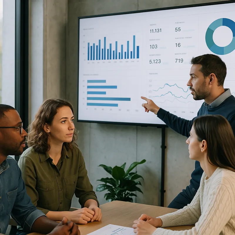 Realistic photograph of a cross functional operations team around a large screen displaying dashboards. The screen shows anonymized charts and metrics representing agent performance. The scene is shot from a slight angle, daylight mixed with soft indoor lighting, candid collaborative mood, high resolution photo, no text or logos