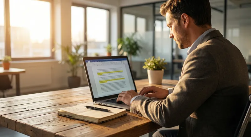 Writer at desk with laptop editing a draft