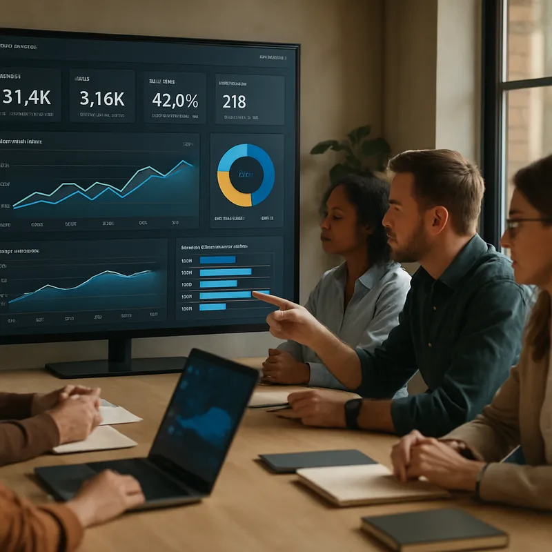 Photo style image of a cross functional team of four around a conference table reviewing a large digital dashboard on a screen, modern office, warm natural lighting, focal depth with the dashboard in sharp focus and people softly blurred behind it, candid professional composition, realistic color palette, high resolution, photo