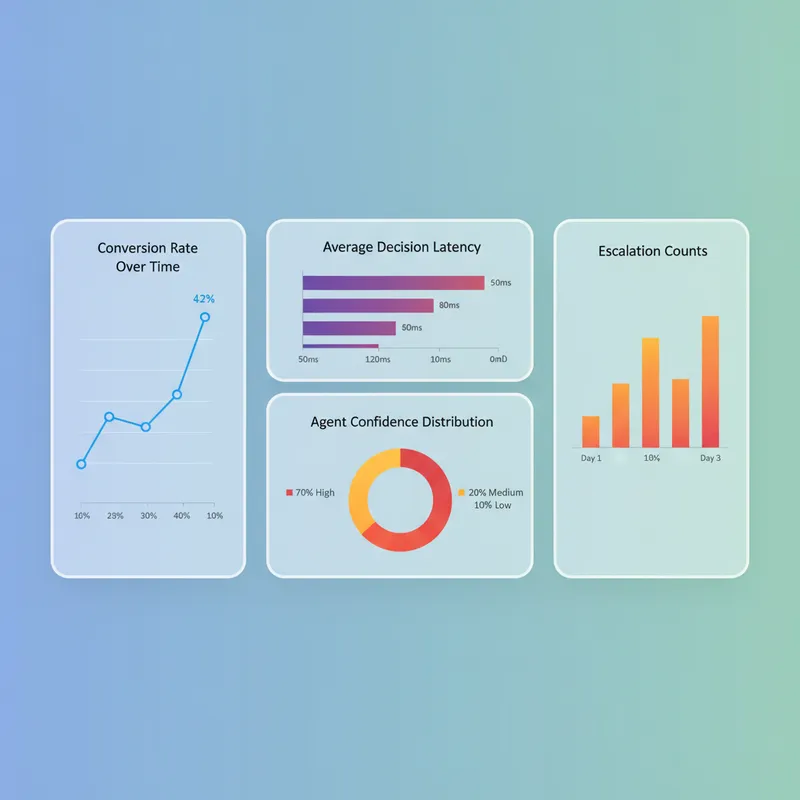Dashboard screenshot style illustration showing metrics for personalization, conversion, latency, and agent confidence