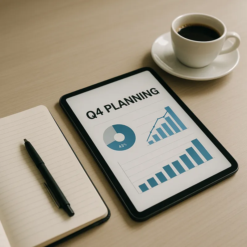 A close up photo of a modern desk with a notebook and pen, a tablet displaying simple metrics and a headline about Q4 planning, and a cup of coffee nearby. Soft overhead lighting with a clean minimalist style. Photo mood is focused and forward looking, editorial photography, medium depth of field