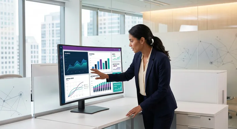 A financial analyst reviewing ROI projections on a digital dashboard with charts and metrics