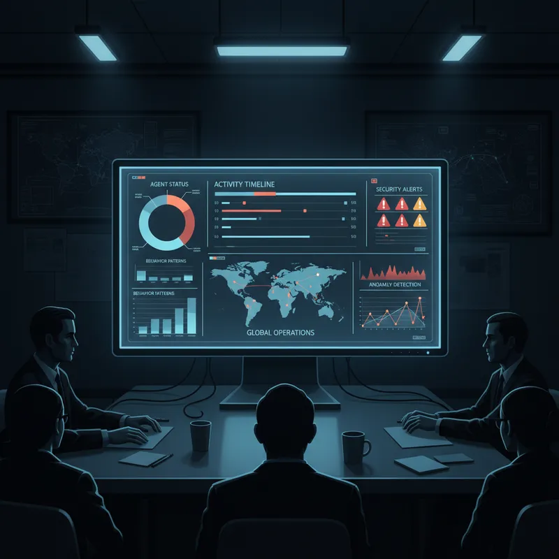 An illustration of an operations dashboard on a widescreen monitor in a dimmed war room, showing charts, alerts, and timelines for agent behavior, cinematic low key lighting, vector illustration style, professional, no logos or text