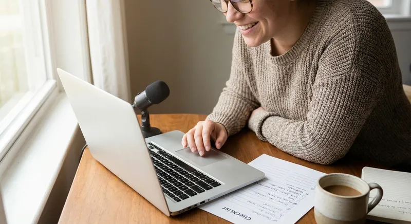 Photo of a person recording a short video on a laptop with a checklist beside them