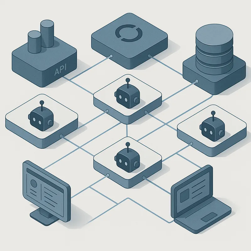 A detailed isometric illustration showing an enterprise architecture with agentic AI platform nodes connecting to APIs, event buses, databases, and user interfaces, cool professional color palette, soft studio lighting, clean technical illustration style, no text or logos