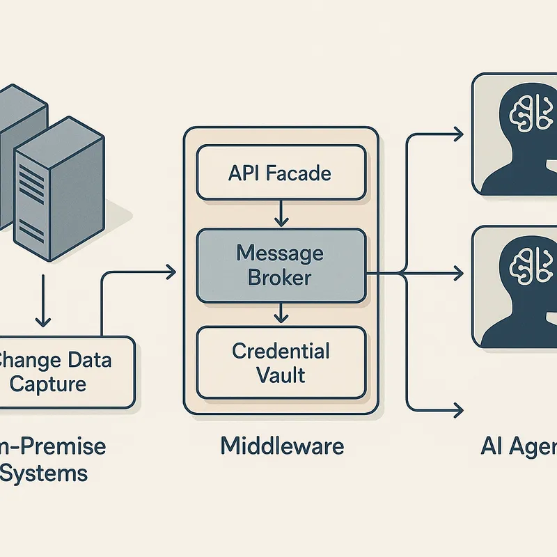 image: Middleware integration diagram with on premise systems and AI agents | prompt: Illustration of an enterprise network interior showing on premise legacy servers on the left, middleware and message broker in the center, and agentic AI agents on the right. Composition is horizontal flow from left to right, with clear layers and arrows indicating data movement. Style is technical, clean vector illustration with muted corporate color palette, soft shadows, and annotations for components such as change data capture, API facade, credential vault. Mood is professional and explanatory, lighting is neutral studio. No text or logos on the illustration.