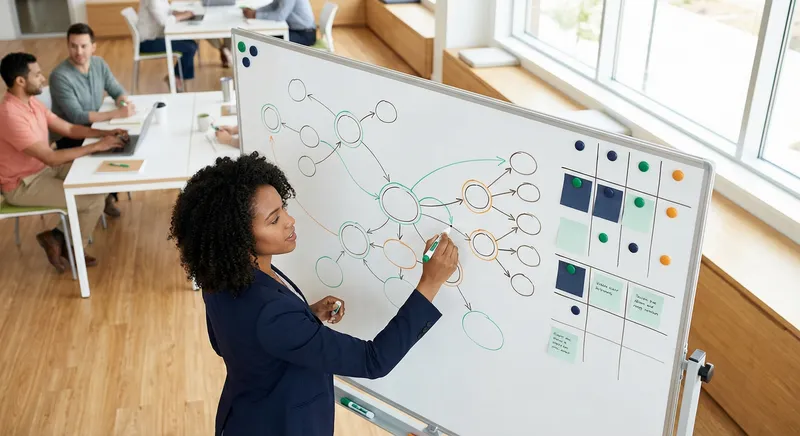 Professional creating visual framework on whiteboard with connected ideas and diagrams