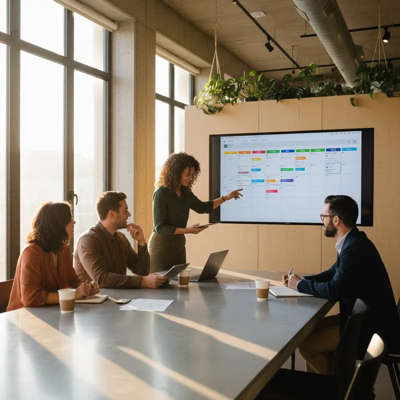 A realistic photo of a small marketing team gathered around a table looking at a large wall screen displaying a content calendar, natural daylight from windows, candid collaborative mood, medium wide shot, modern office interior, warm color temperature, editorial photography style