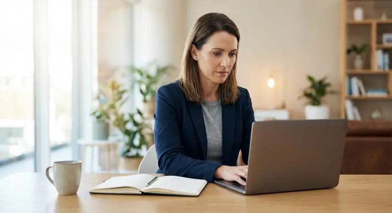 Professional writer at laptop with notes