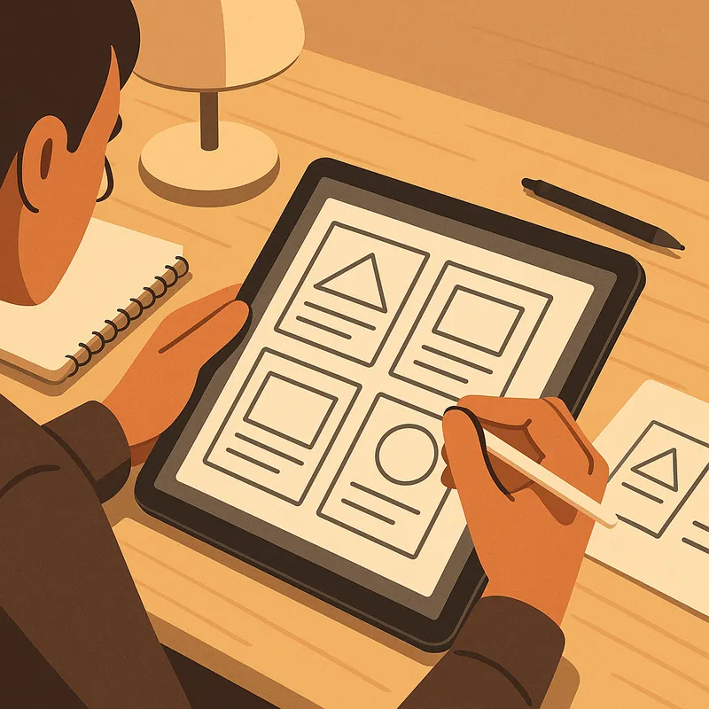 Close-up of a designer working on visual templates on a tablet at a tidy desk, stylus in hand, warm desk lamp light, modern minimal illustration style, professional and focused mood