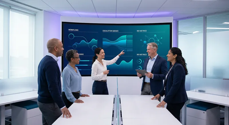 Photo style illustration of diverse enterprise team reviewing a command center dashboard