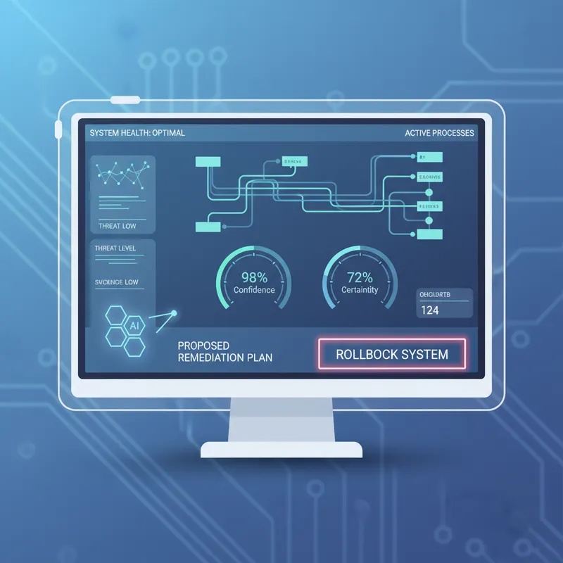 Illustration of a technical dashboard showing an AI agent proposing a remediation plan. Composition focuses on a monitor with flow diagrams, confidence scores, and a highlighted rollback button. Mood is analytical and calm, cool lighting, vector illustration style, high clarity, no text or logos