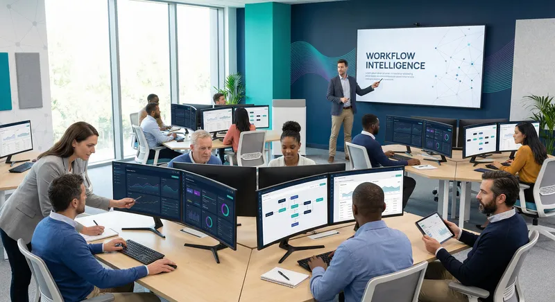 Professional development workshop with diverse participants engaged in hands-on training with digital systems