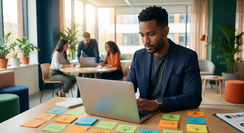 Person reviewing analytics on laptop with colorful dashboard, surrounded by content ideas on sticky notes, collaborative workspace with team members in background, energetic and focused mood, modern startup environment