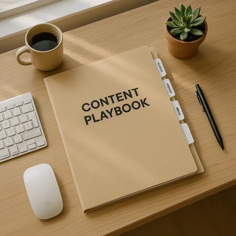 Photo style image of a neatly organized desk with a folder labeled content playbook and visible sector tabs, soft natural window lighting, top down composition, clean modern aesthetic, subtle shadows, realistic color palette, high resolution
