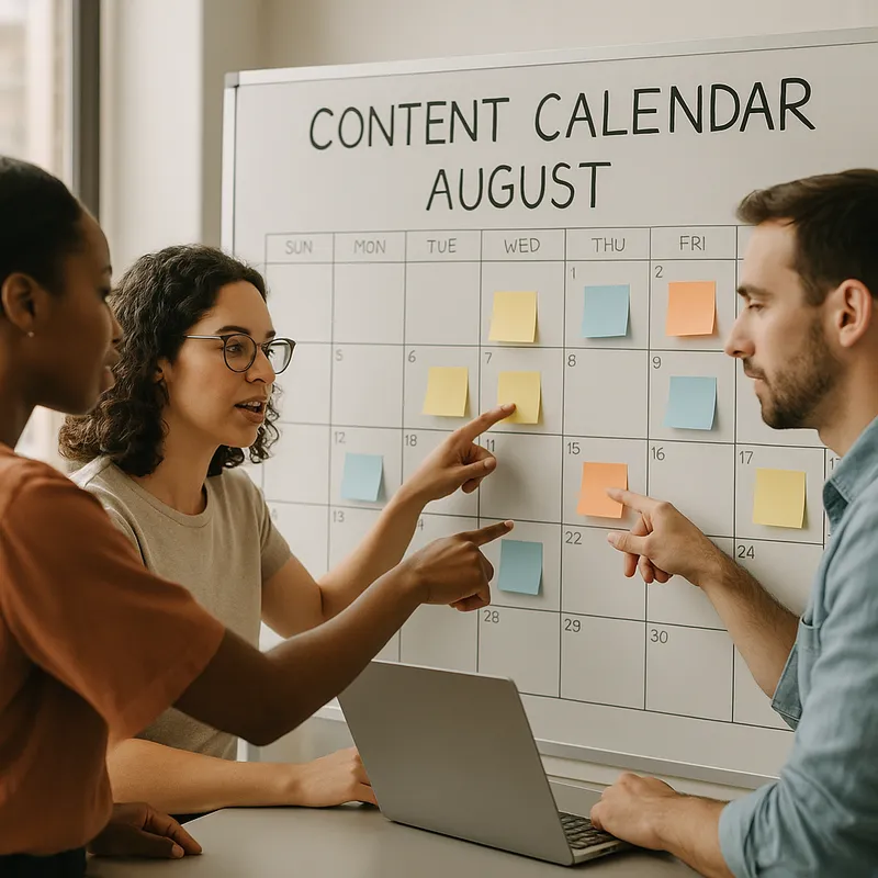 A high resolution photo of a small marketing team gathered around a whiteboard and laptop, planning a content calendar for August. Subject includes three people pointing at sticky notes and a calendar grid on the board. Composition is a medium wide shot with natural office lighting, candid mood, shallow depth of field, modern color palette, photo style without logos or visible brand names. Capture collaborative energy and focus
