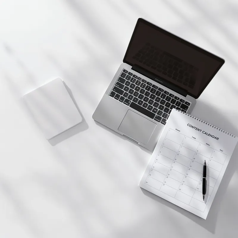 A clean desk with an open laptop showing a blurred analytics dashboard and a printed content calendar beside it. Composition: top down angle capturing laptop screen, calendar, and a pen. Setting: minimalist workspace. Mood: organized and strategic. Lighting: soft studio light with gentle shadows. Style: photorealistic photo without text or logos