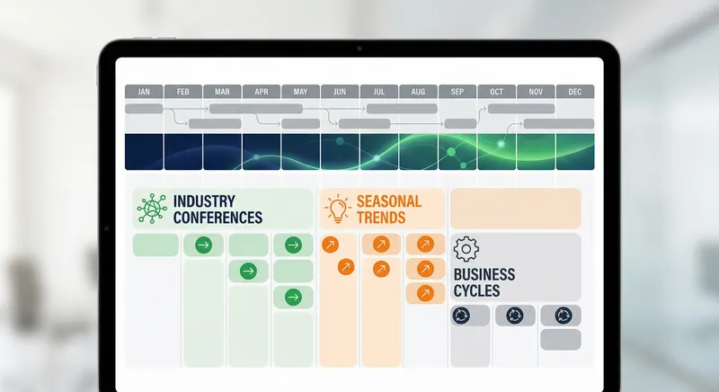 Colorful calendar and planning timeline displayed on a modern digital interface showing industry events and seasonal trends