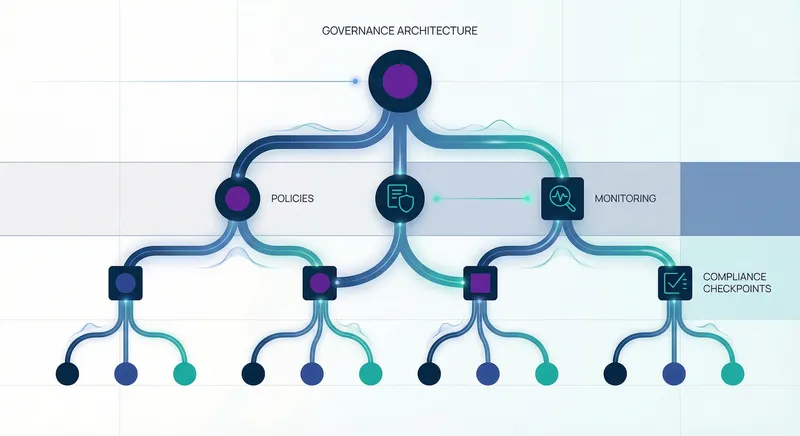 Abstract network diagram showing interconnected nodes with flowing lines representing AI governance framework